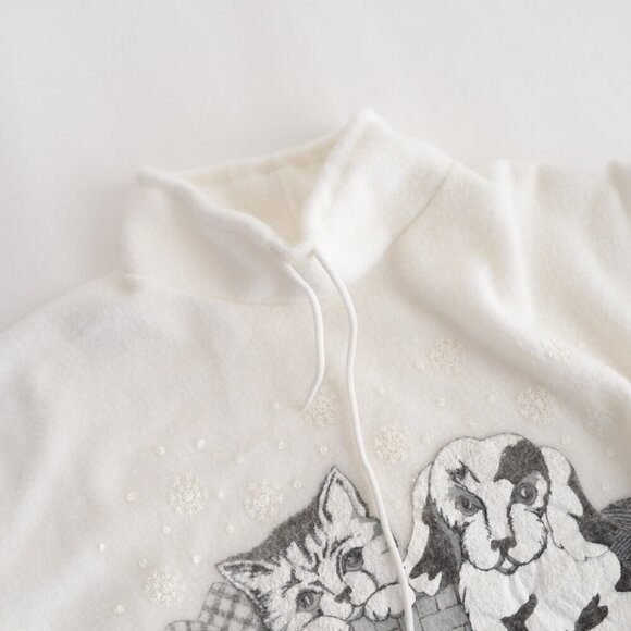 Vintage White Grey Dog Cat Christmas Puff Print Pullover Mock Neck Sweater L - Picture 12 of 12
